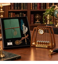Kişiye Özel İsimli Newton Beşiği Masa Saati ve Divit Hokka Tüylü Kalemli Defter Seti