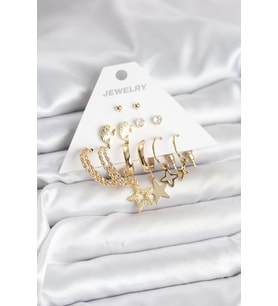 Gold Renk Yıldızlı Set 6 Çift Kadın Küpe Seti - TJ-BKP11320