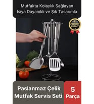 Çok Amaçlı Paslanmaz Çelik Isıya Dayanıklı Saplı Spatula Kepçe 5 Parça Standlı Mutfak Servis Seti
