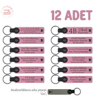 Pembe & Gri, Yıl Sonunda Öğretmene Veda Hediyesi 12'li Set Öğrenci İsimleri Yazılı Anahtarlık