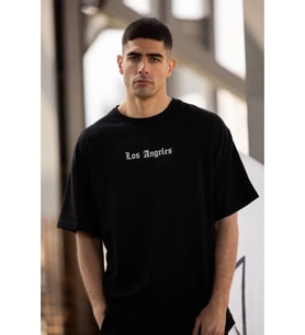 Unisex Bisiklet Yaka Baskılı Oversize T-Shirt - Siyah