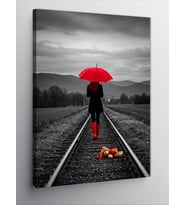 Kanvas Tablo Kırmızı Şemsiye ve Tren Yolu