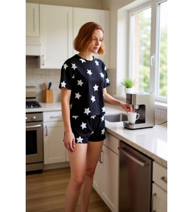 Kadın Yıldız Baskılı Pijama Takımı Kısa Kollu Şortlu Fonksiyonel Dayanıklı Kaliteli Modern