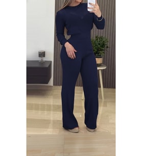 Kadın Uzun Kollu Yuvarlak Yaka Transparan Detaylı Triko Bluz Ve Pantolon Ikili Takım