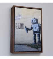 Çerçeveli Banksy Graffiti Yapan Robot Kanvas Tablo (Siyah)