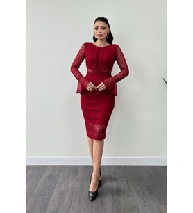 Full Dantel Kumaş Kolu Volanlı Kalem Elbise - KIRMIZI
