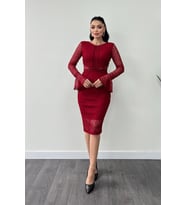 Full Dantel Kumaş Kolu Volanlı Kalem Elbise - KIRMIZI