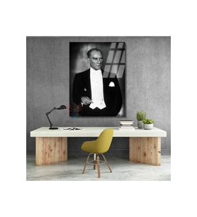 Mustafa Kemal Atatürk Siyah Beyaz Cam Tablo Dikey Duvar Tablosu Ev Ofis Tablosu