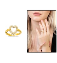 Beyaz Zirkon Taşlı Kalp Tasarım Gold Renk Free Size 925 Ayar Gümüş Kadın Yüzük