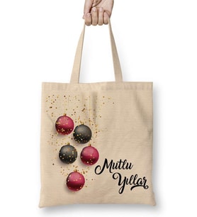 Mutlu Yıllar Noel Topları Bez Çanta Uzun Saplı
