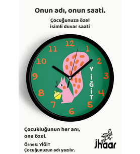İsme Özel Sevimli Sincap Çocuk Odası Duvar Saati Orta Boy 30 cm Siyah Camlı Sessiz