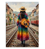 Tren Rayında Gitarlı Gökkuşağı Kadın Dekoratif Kanvas - Mdf Ahşap Tablo