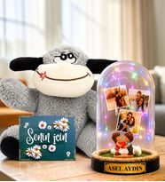 Kişiye Özel Yazılı 3 Fotoğraflı Renkli LED Işıklı Fanus(kalp tutan aşıklar) ve Şaşkın Peluş Eşek