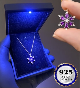Işıklı Premium Kutusunda 925 Ayar Gümüş Gerçek Ametist Taşlı Lotus Kolye