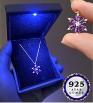 Işıklı Premium Kutusunda 925 Ayar Gümüş Gerçek Ametist Taşlı Lotus Kolye