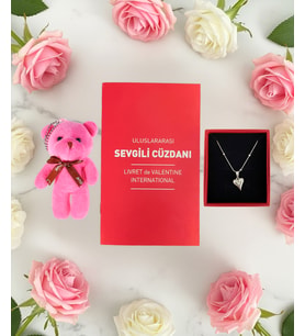 Sevgiliye Özel Hediye - Pembe Mini Ayıcık - Çelik Kalp Kolye ve Sevgili Cüzdanı - Kız Arkadaşa