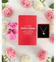 Sevgiliye Özel Hediye - Pembe Mini Ayıcık - Çelik Kalp Kolye ve Sevgili Cüzdanı - Kız Arkadaşa