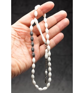 Babalara Özel Gümüş Aksesuarlı 7x11mm Deve Kemiği Tesbih Ahşap Kutulu (Beyaz)