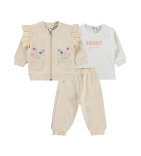 Civil Baby Çiçek Nakışlı Hırkalı 6-18 Ay Takım - Pudra