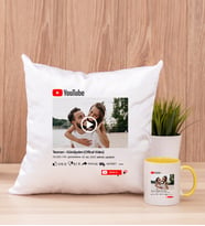 Kişiye Özel Youtube Tasarım Fotoğraflı Kare Yastık ve Sarı Kupa