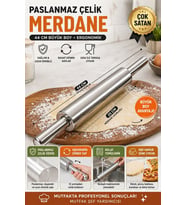 44 Cm Paslanmaz Metal Çelik Merdane Ergonomik Kulplu Çelik Profesyonel Hamur Açma Merdanesi