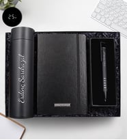 Kişiye Özel 500 ML Siyah Dereceli Termos & Siyah Defter & Telefon Tutuculu Tükenmez Kalem Hediye Seti