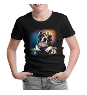 DJ Dog with Headphone Playing the Board Siyah Çocuk Tshirt