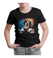 DJ Dog with Headphone Playing the Board Siyah Çocuk Tshirt