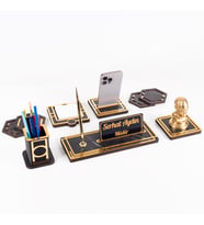 Space+Atatürk Büstü Gold Ahşap Masa İsimliği Seti Mermer Desenli Ofis Hediyesi Masa üstü İsimlik