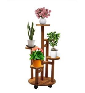 Tekerlekli Çiçeklik 5 Raflı Saksılık Dekoratif 5 Raflı Çiçeklik Doğal Ahşap Saksılık Çiçek Rafı Daire Model