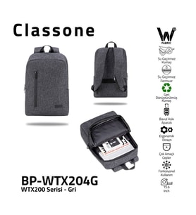 Classone BP-WTX204G 15,6" Su Geçirmez Kumaş Fermuar Notebook Laptop Çantası Gri