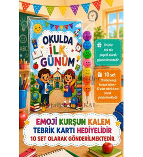 Okula Yeni Başlayan Öğrencilere 10 Adet Hediye Seti 1. Sınıf- Sene Başı Emoji Kurşun Kalem Tebrik Kartı Hediyeli