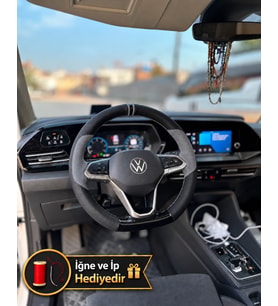 Vw Touran Dikme Direksiyon Kılıfı Delikli Deri Parlak Siyah Gri Detay Çift Yüzük ve Dikiş 2021-2026
