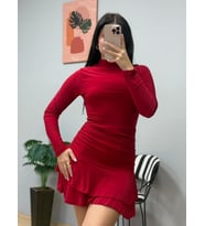 Kadın Uzun Kollu Balıkçı Yaka Mini Fırfırlı Sandy Elbise (Kırmızı)