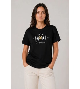 Müzik Temalı Baskılı Tişört Bisiklet Yaka Kısa Kol T-Shirt - Siyah