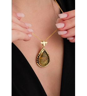 14 K Gold Kaplama 925 Ayar Gümüş Doğal Sitrin Taşlı Arı Antik Kolye