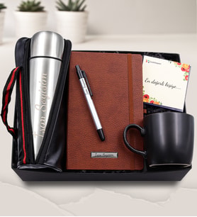 Kişiye Özel 500 ML Deri Çantalı Çelik Termos & Siyah Mat Kupa & Kahverengi Defter & Gri Renk Touch Pen Hediye Seti