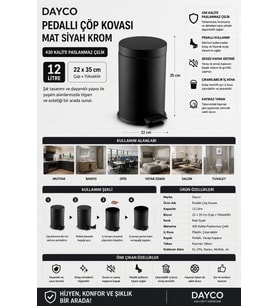 Dayco Pedallı Mat Siyah Krom Çöp Kovası 430 Kalite 12 L 22x35 cm