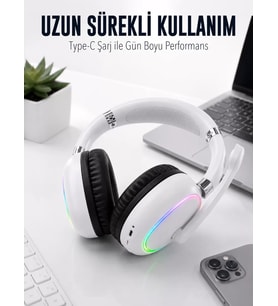 Beyaz Bluetooth 5.0 Mikrofonlu Kablosuz Kulak Üstü Kulaklık RGB Işıklı Type-C Şarjlı