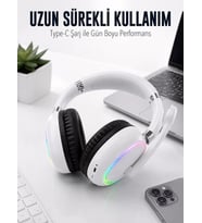 Beyaz Bluetooth 5.0 Mikrofonlu Kablosuz Kulak Üstü Kulaklık RGB Işıklı Type-C Şarjlı
