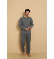 Falkom 7008 İnterlok Kışlık Ekose Pijamalı Erkek Pijama Takımı (Füme)