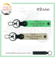 Motorcu Tarzı Plakalı & İsimli x2 Deri Set Anahtarlık, 0 Rh (-) Kan Grubu ile, S Kahve-F Yeşil-Syh