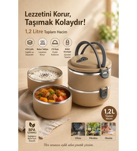 2 Katlı Sızdırmaz Paslanmaz Çelik Yemek Termosu Sefer Tası Kahverengi