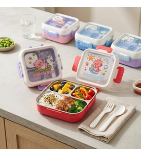 Paslanmaz Çelik 3 Bölmeli Kilitli Yemek Kabı 2000 ml, Çatal Kaşık Dahil Renkli Desenli Lunch Box, Çelik İç Hazneli Saklama ve Taşıma Kabı