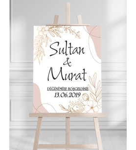 Söz Nişan Düğün İçin 50x70 Karşılama Panosu - Altın Çiçek Desenli 003