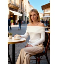 Kadın Bluz Carmen Yaka Uzun Kol Fitted Kalıp Vücuda Oturan Örme Kaşkorse Asimetrik Kesim Düz Desen