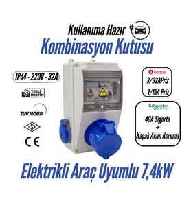 Bemis Kombinasyon Kutusu (Taşınabilir Elektrikli Araç Şarj Cihazları İçin Uygundur)(40A Sigorta + Kaçak Akım Korumalı) – 3/32A Ön Çıkış + 1/16A Ön Çıkış IP44