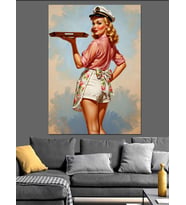 Retro Elbiseli Gülen Pin-Up Dekoratif Kanvas - Mdf Ahşap Tablo