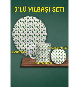 Yılbaşı Temalı 3'lü Mousepad Kupa ve Bardak Altlığı Seti