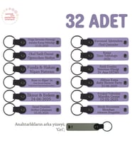 Bebek Mevlidi Hediyesi İçin İsim Yazılabilen Anahtarlık 32’li Set, Misafire Özel, Mor Menekşe & Gri (Lila - Mor)